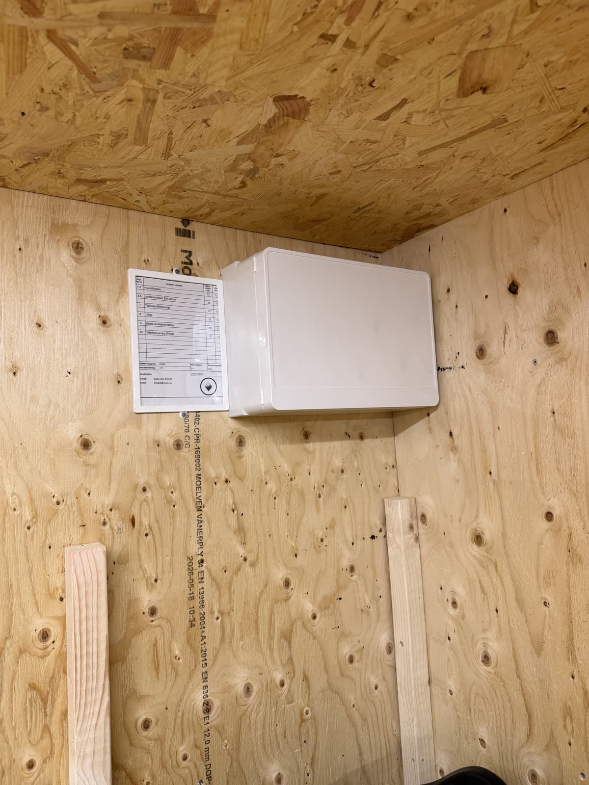 Färdig Schneider Resi9-elcentral med gruppschema monterad på plywoodväggen